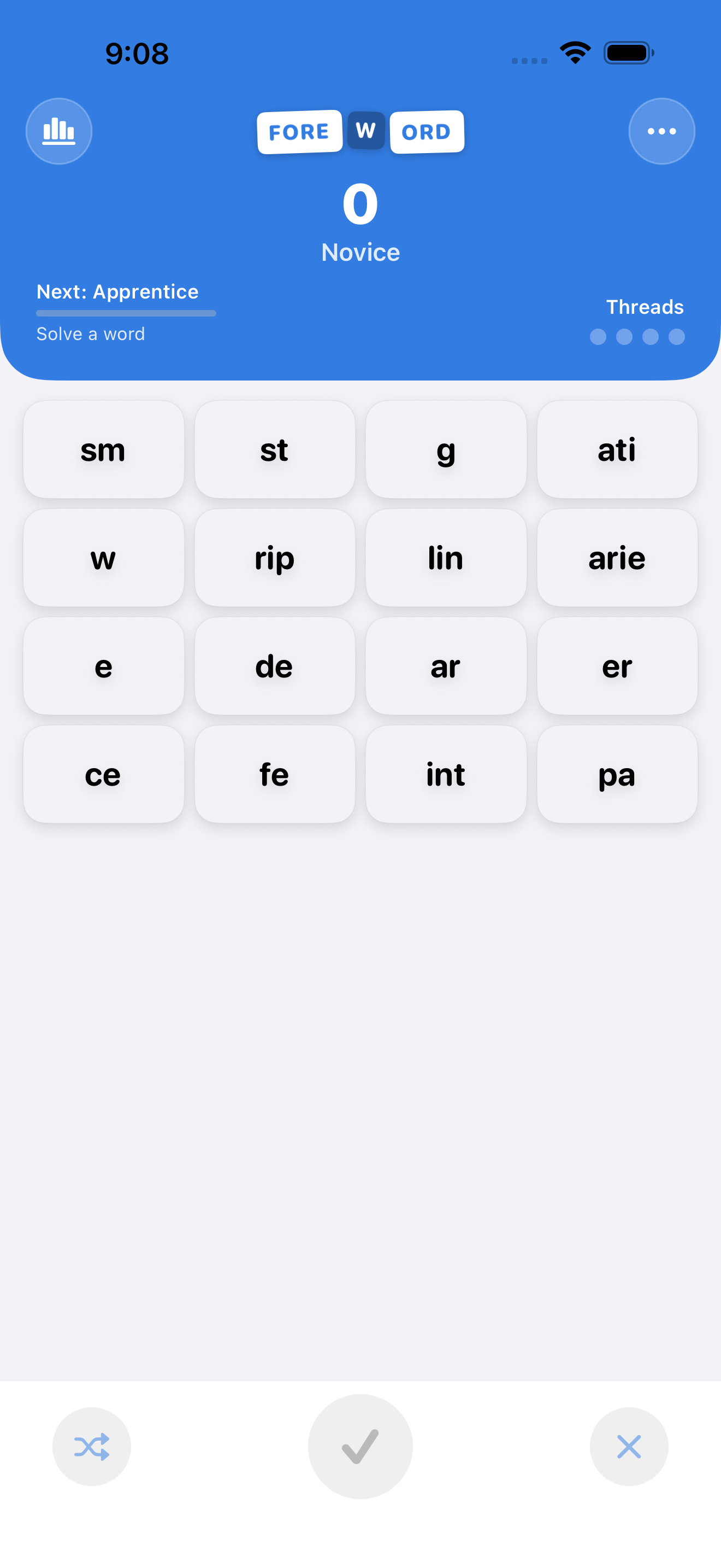 The blank FOREWORD board showing 16 letter-fragment tiles ready to play