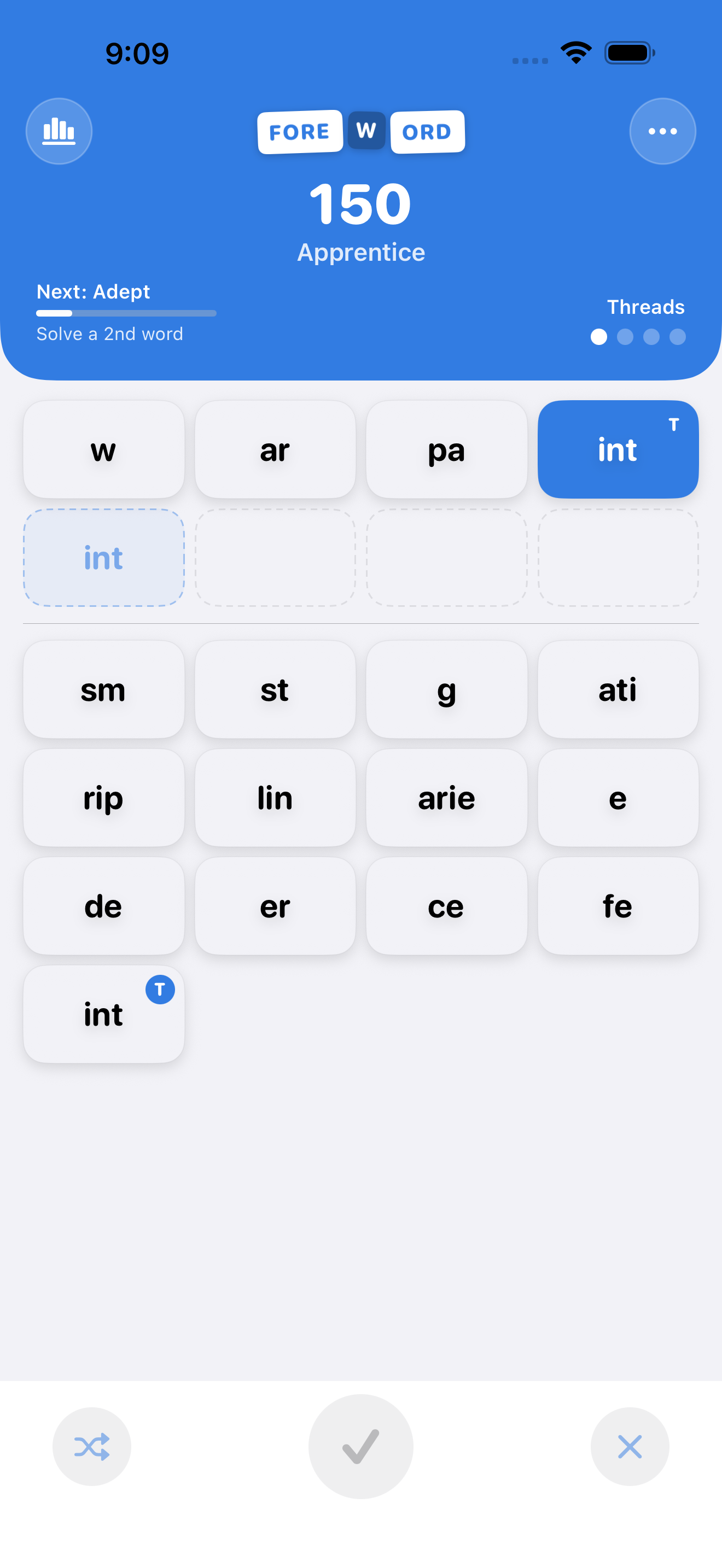 One word solved, the chain showing its first row filled and a thread tile identified